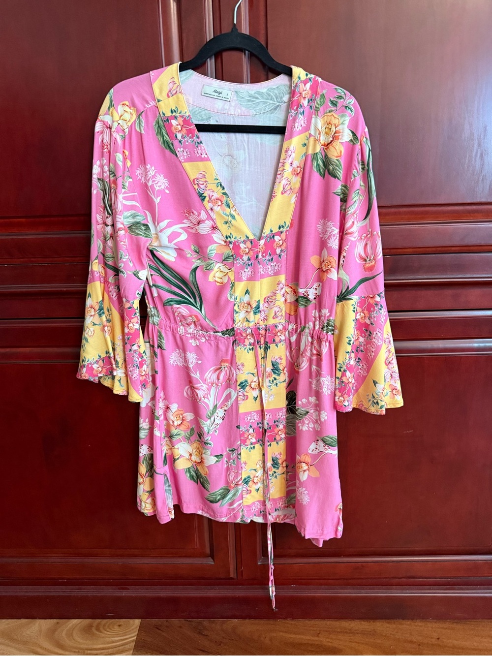 Maaji Pink & Yellow Floral V-Neck Drawstring Tunic